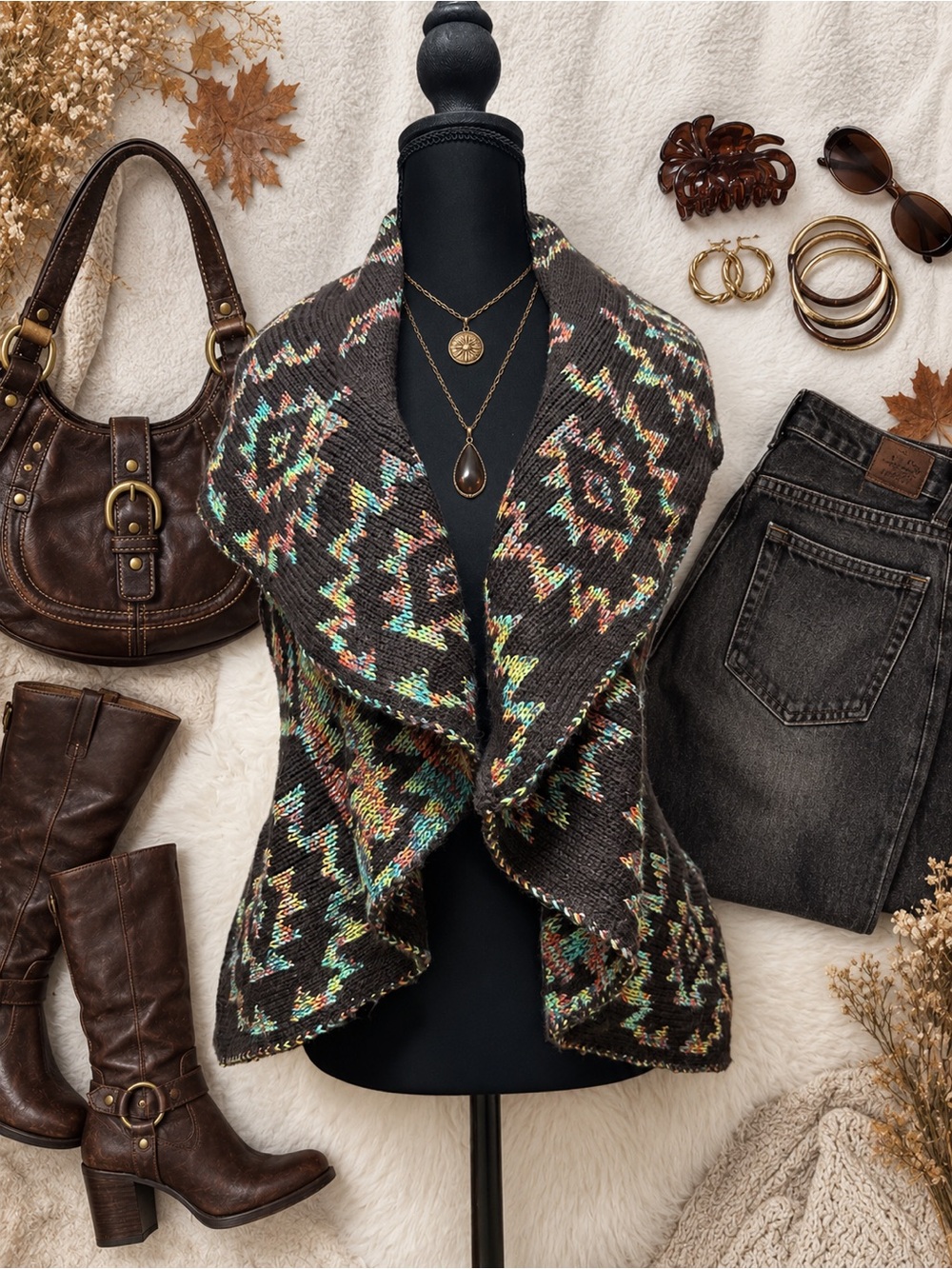 John Paul Richard Aztec Cardigan Womens Small Multicolor Boho Y2K Vintage Knit